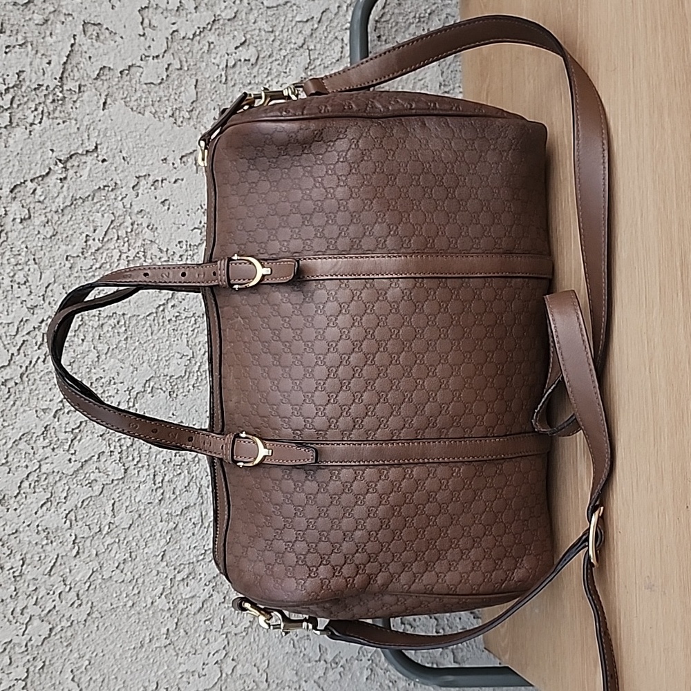 Gucci Brown Leather Monogram Duffel Crossbody Bag